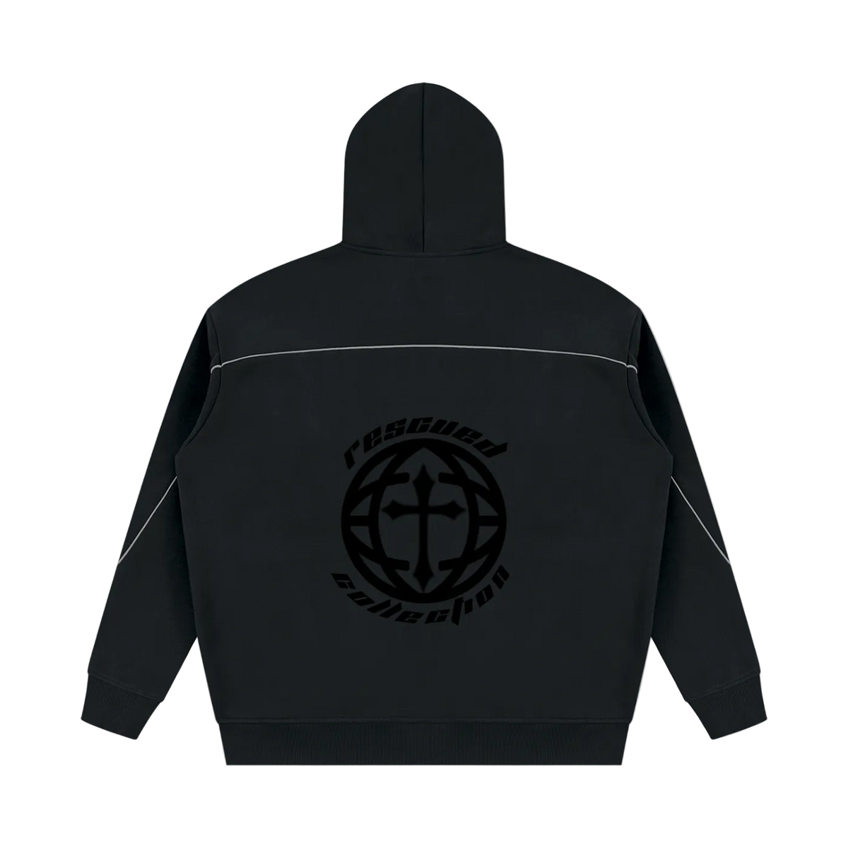 A black zip-up hoodie shown from the back, featuring a large black circular graphic with a cross and the words 'rescue collection' printed on the center back. Thin white piping details run across the shoulders and down the sleeves.