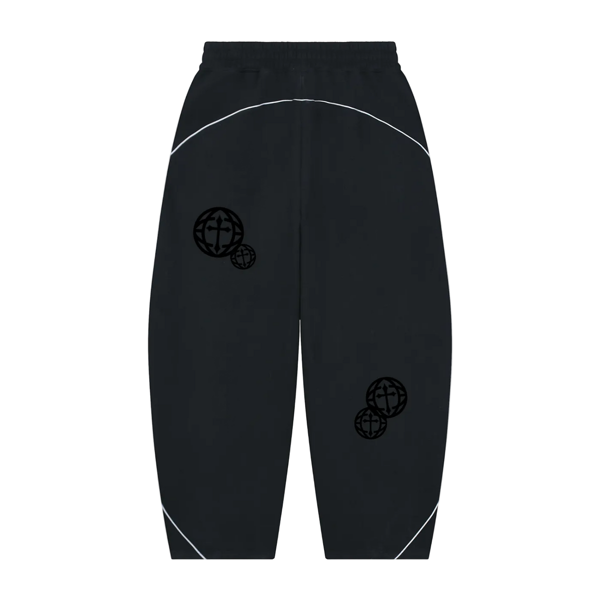 Black athletic jogger pants with white curved contrast stitching and black globe graphics on the legs, shown against a plain white background.