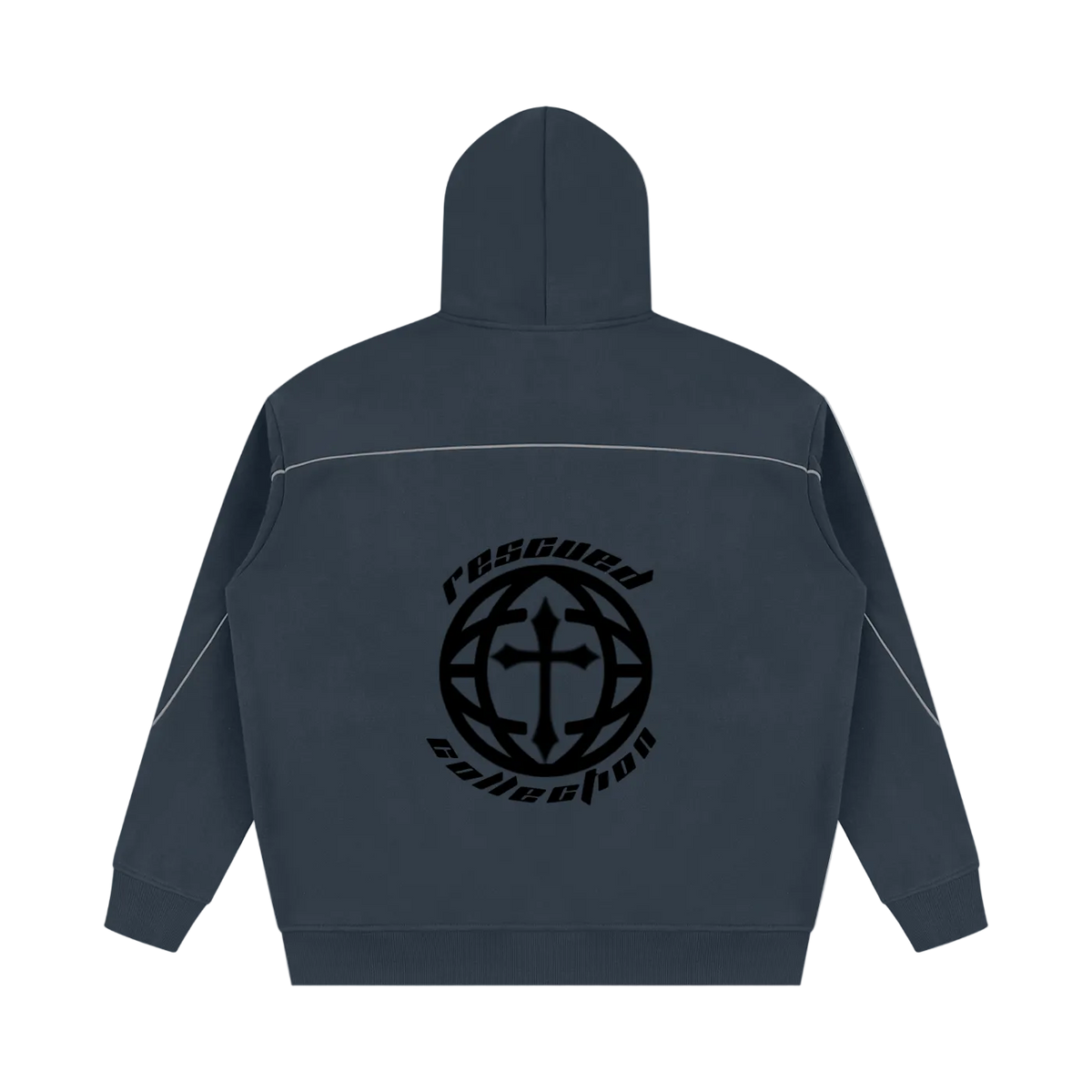 A dark slate blue zip-up hoodie shown from the back, featuring a black circular graphic with a cross and the words 'rescue collection' printed on the center back.