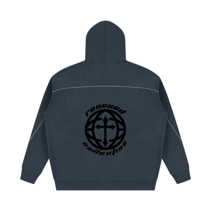 A dark slate blue zip-up hoodie shown from the back, featuring a black circular graphic with a cross and the words 'rescue collection' printed on the center back.