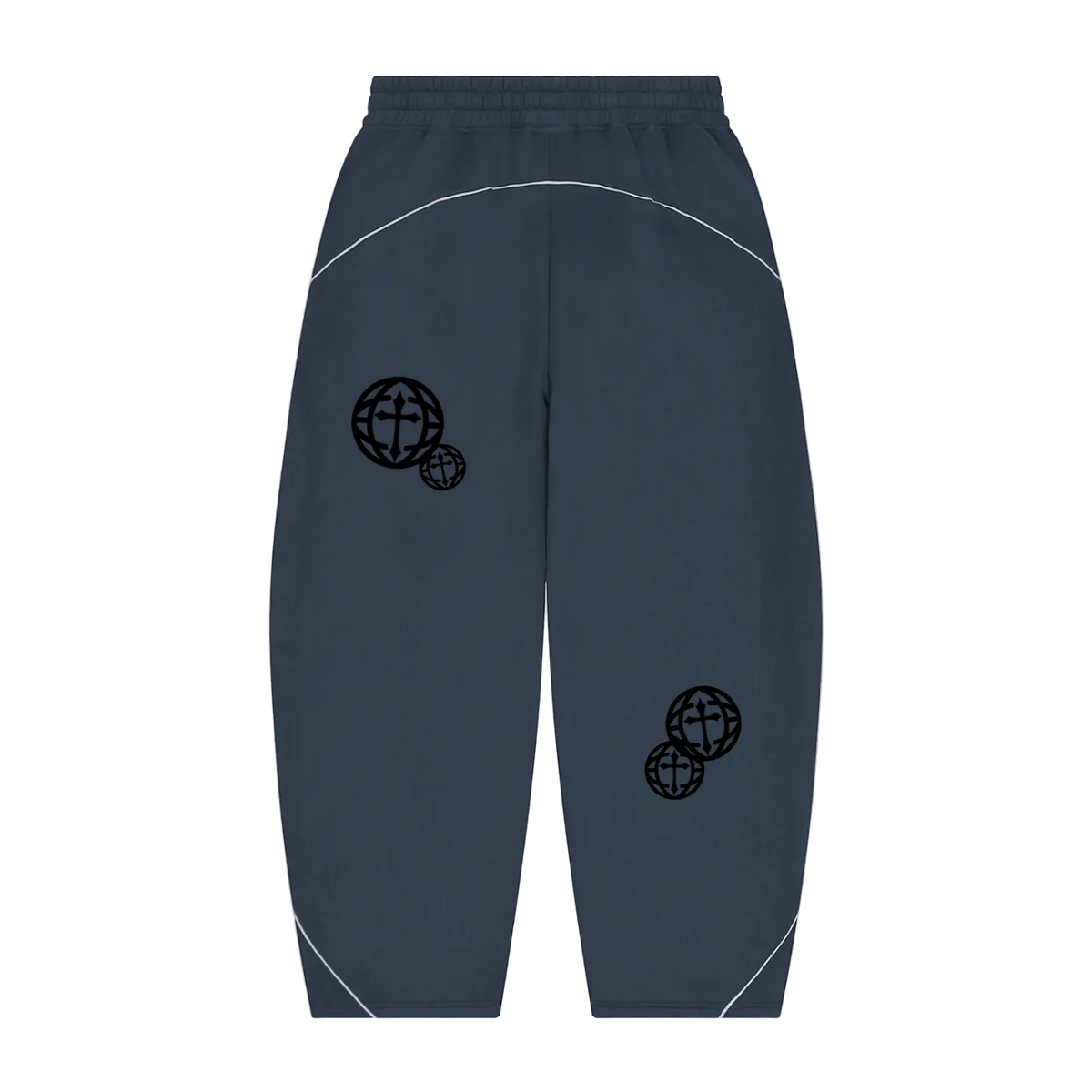 A pair of dark slate blue sweatpants with black globe graphics on the thighs and white contrast stitching, shown against a plain white background.