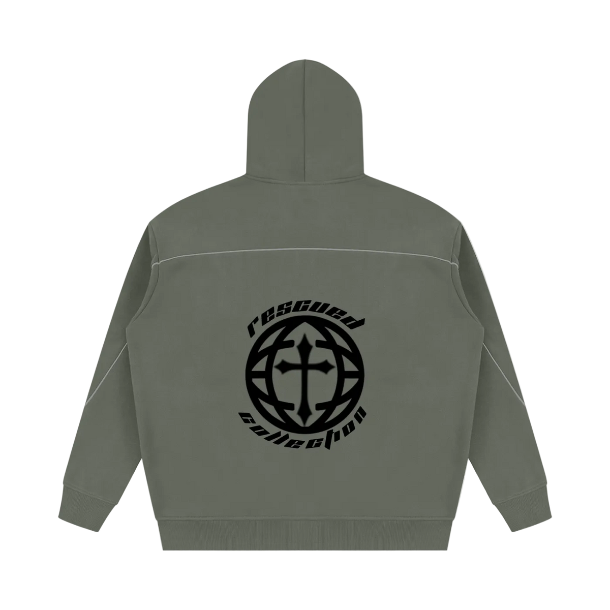 A gray hooded sweatshirt shown from the back, featuring a black circular graphic with a cross and the words 'rescued collection' printed across the center.