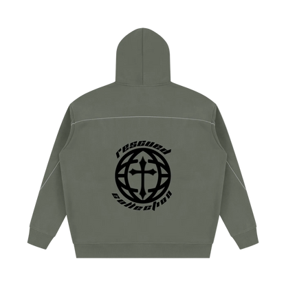 A gray hooded sweatshirt shown from the back, featuring a black circular graphic with a cross and the words 'rescued collection' printed across the center.