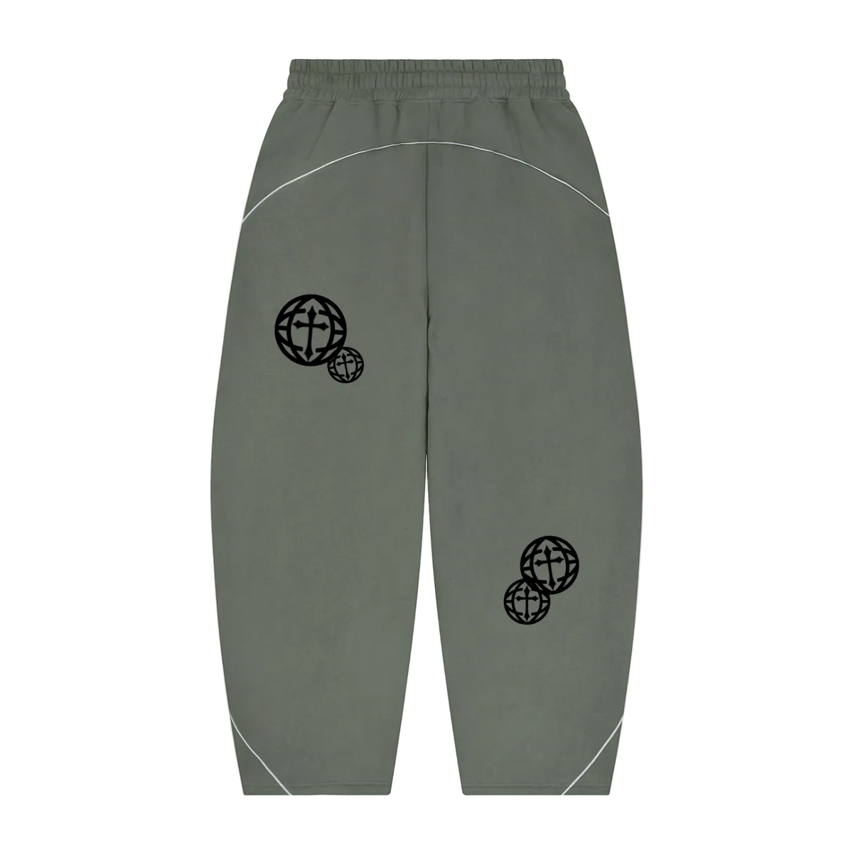 A pair of olive green sweatpants with black globe graphics on the legs and thin white curved piping details, shown against a plain white background.