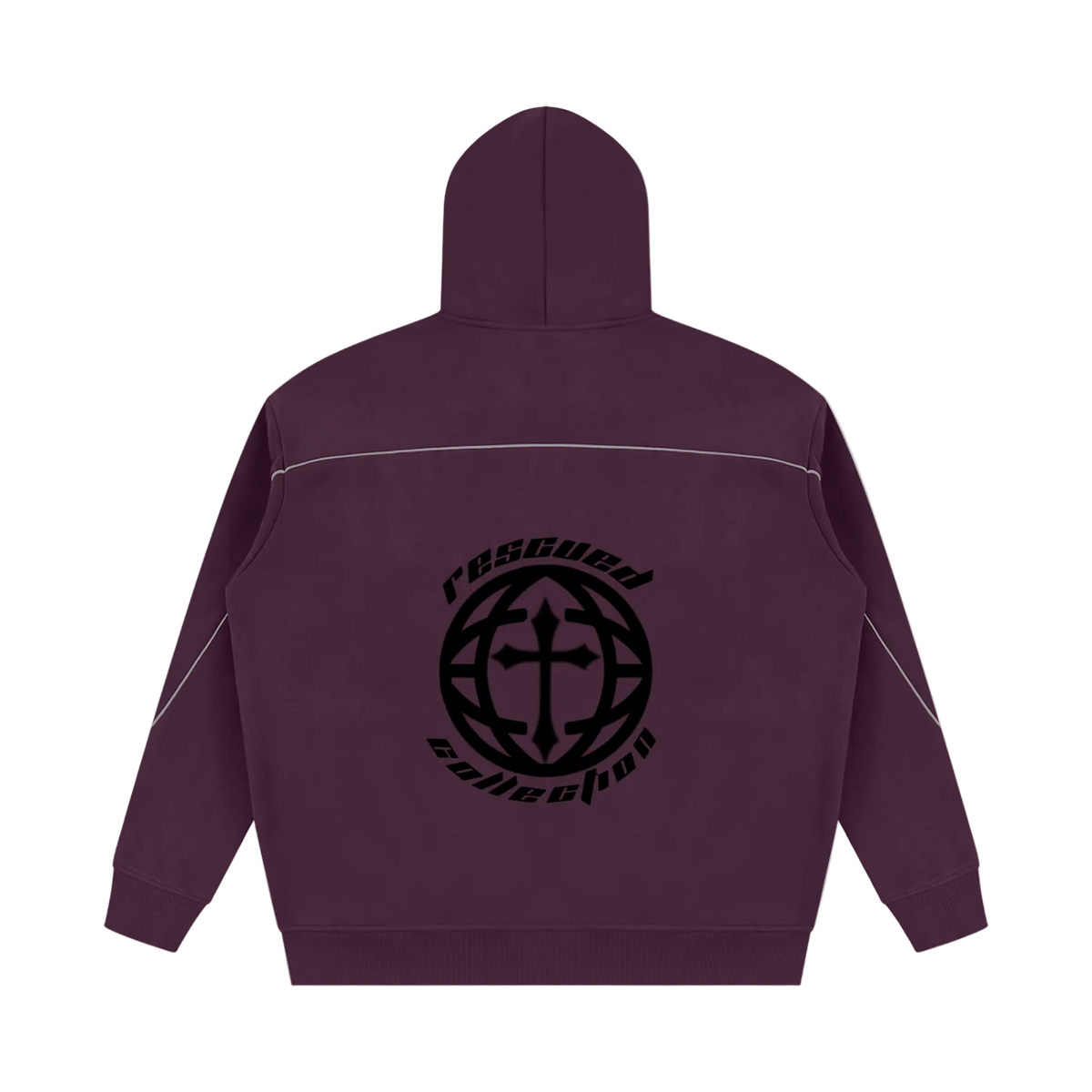 A dark plum purple hoodie shown from the back, featuring a black circular graphic with a cross and the words 'rescued collective' printed on the center back, set against a plain white background.