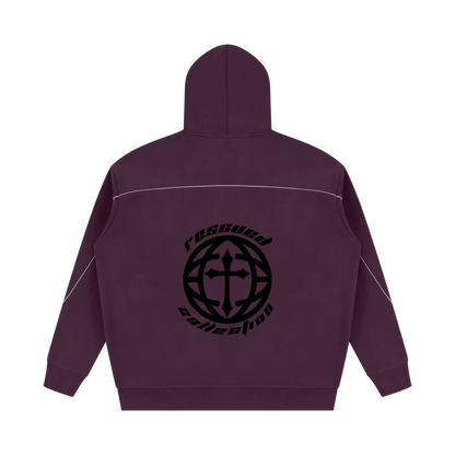 A dark plum purple hoodie shown from the back, featuring a black circular graphic with a cross and the words 'rescued collective' printed on the center back, set against a plain white background.