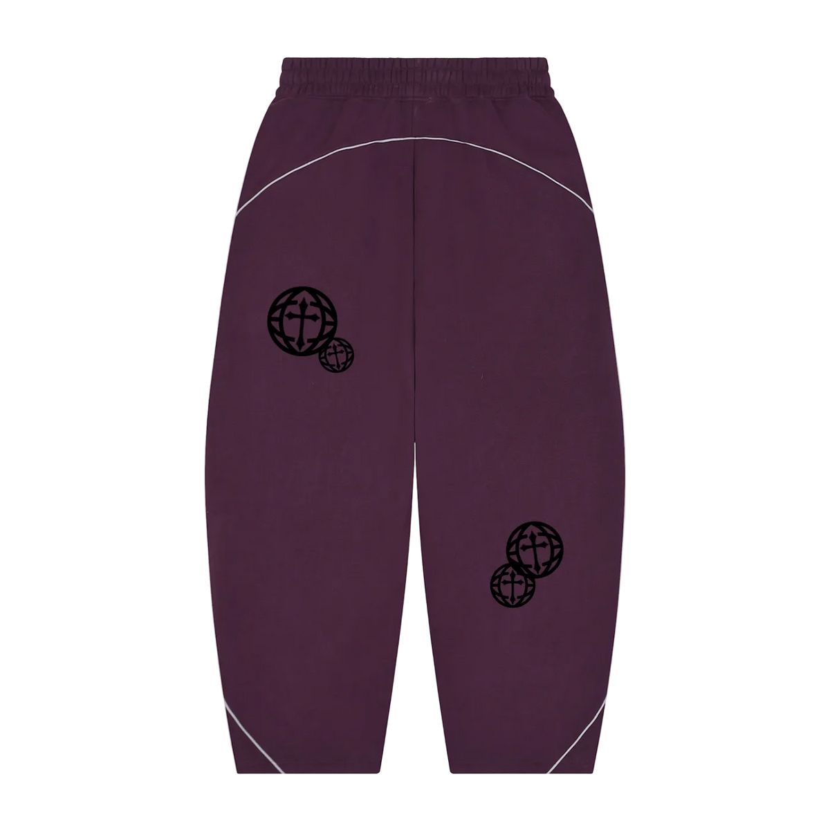 A pair of dark purple sweatpants with black globe graphics on the upper legs and white curved piping details, shown against a plain white background.