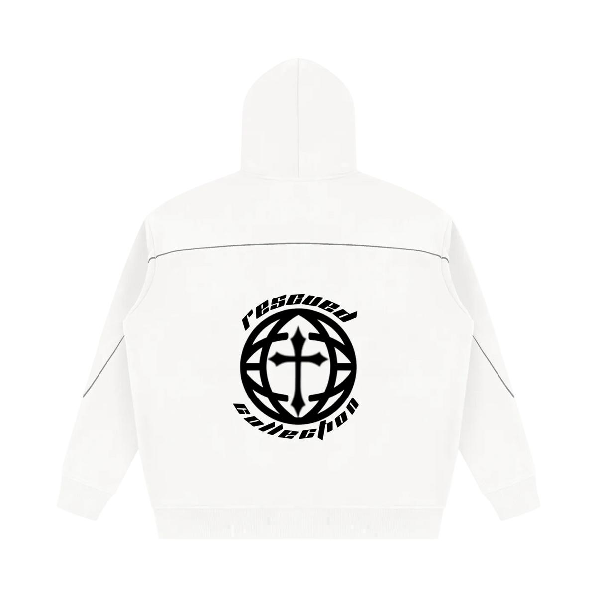 White hooded sweatshirt shown from the back, featuring a large black circular graphic with a cross and the words 'rescue collection' printed across the center.