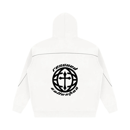 White hooded sweatshirt shown from the back, featuring a large black circular graphic with a cross and the words 'rescue collection' printed across the center.