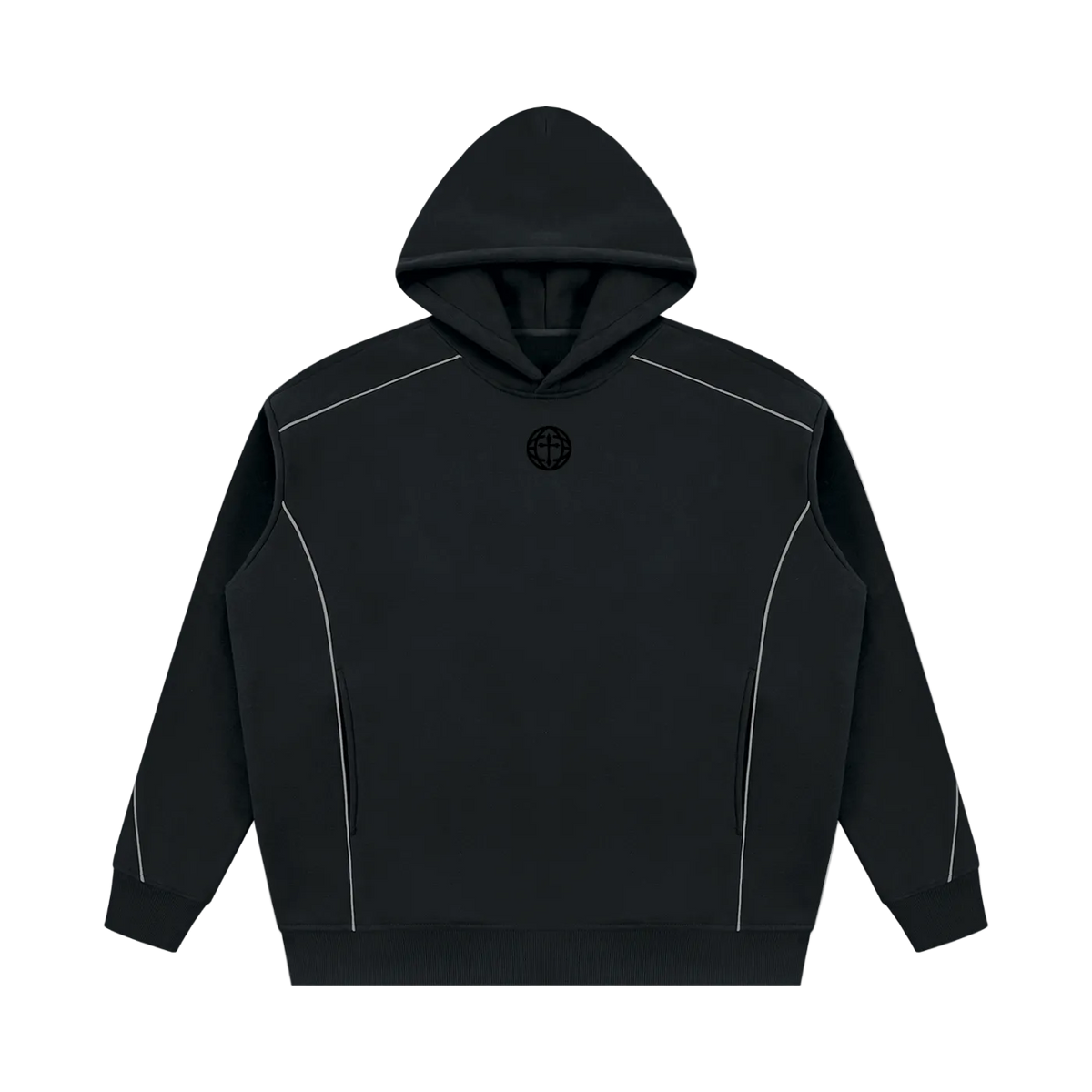 A black pullover hoodie with white contrast piping details along the shoulders and sides, featuring a small black circular logo on the center chest, displayed on a solid white background.