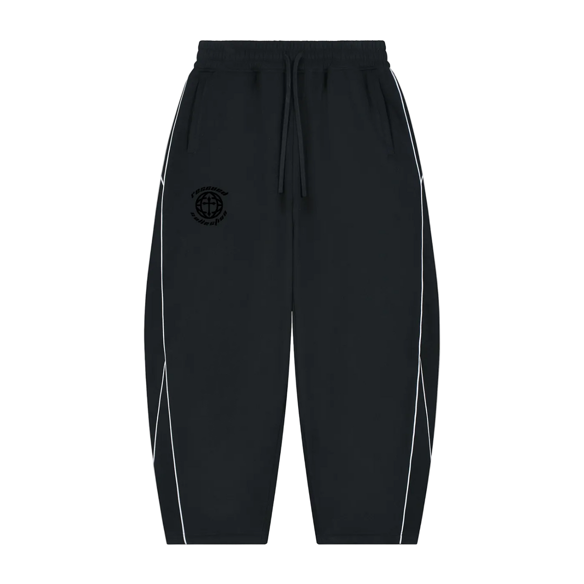 Black jogger-style pants with white side piping and a black circular chest emblem, shown flat against a white background.