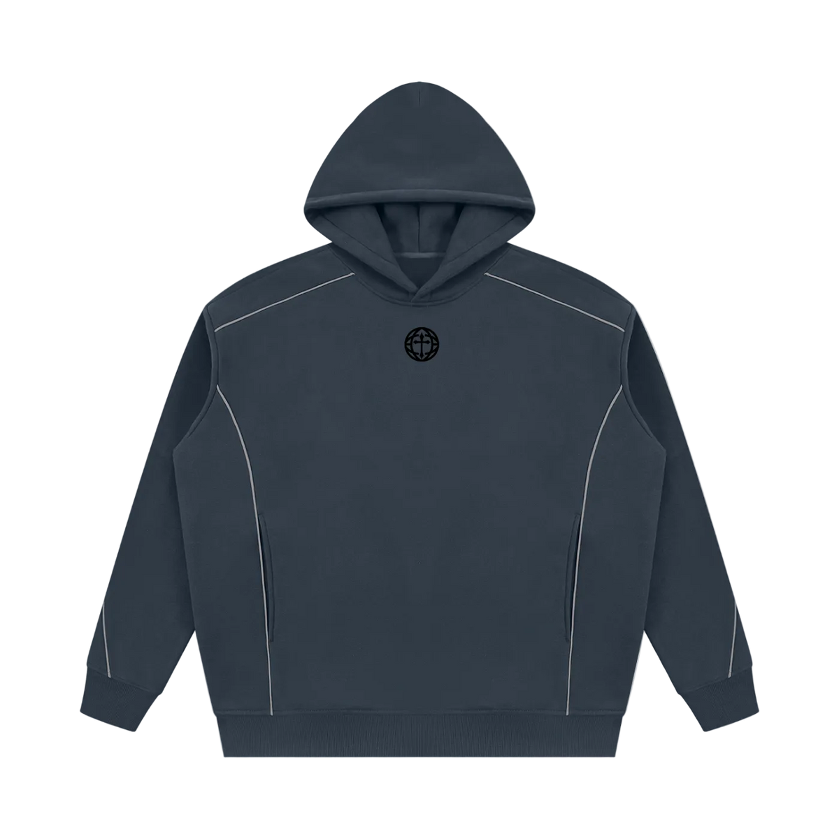 A dark slate blue pullover hoodie with white contrast stitching details and a small white 'SHAWN SLAY CO' logo on the chest, displayed on a solid white background.