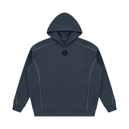 A dark slate blue pullover hoodie with white contrast stitching details and a small white 'SHAWN SLAY CO' logo on the chest, displayed on a solid white background.