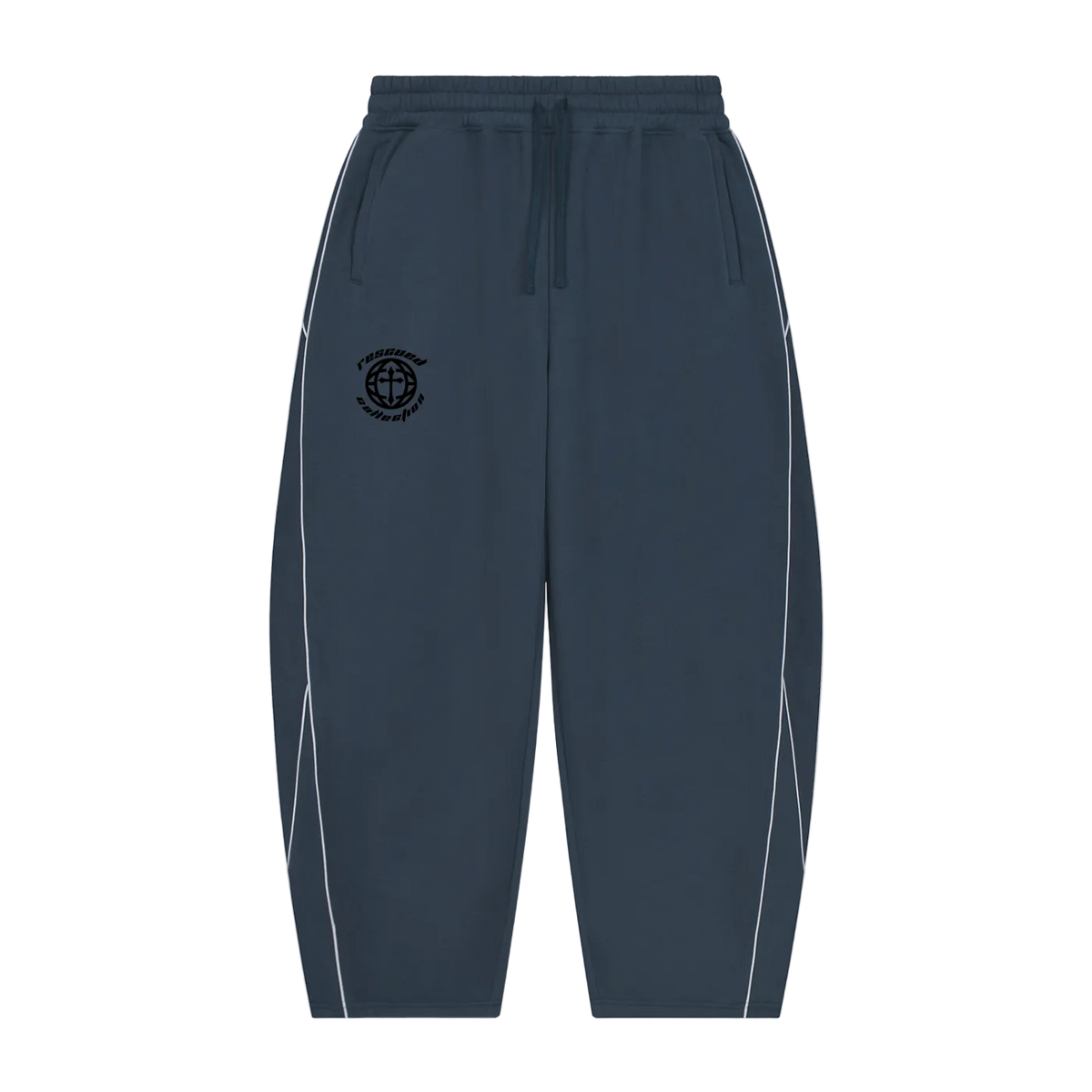 A pair of dark slate blue sweatpants with white side piping and a black circular logo on the left thigh, displayed against a solid white background.