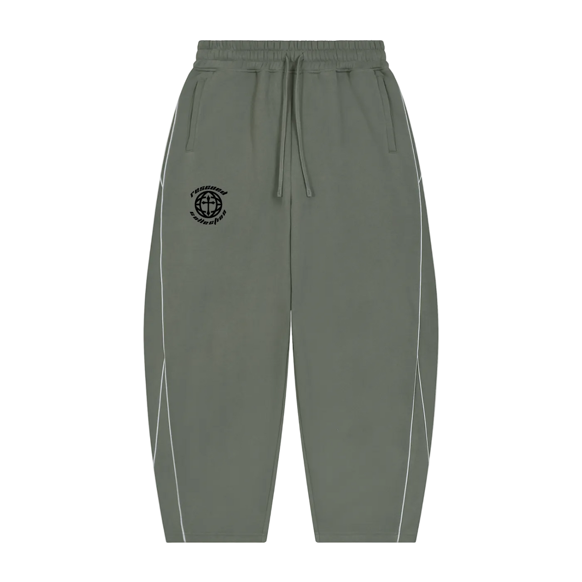 Olive green jogger-style pants with a black embroidered compass logo on the left chest, white piping along the outer sides, and a drawstring waistband, shown against a plain white background.