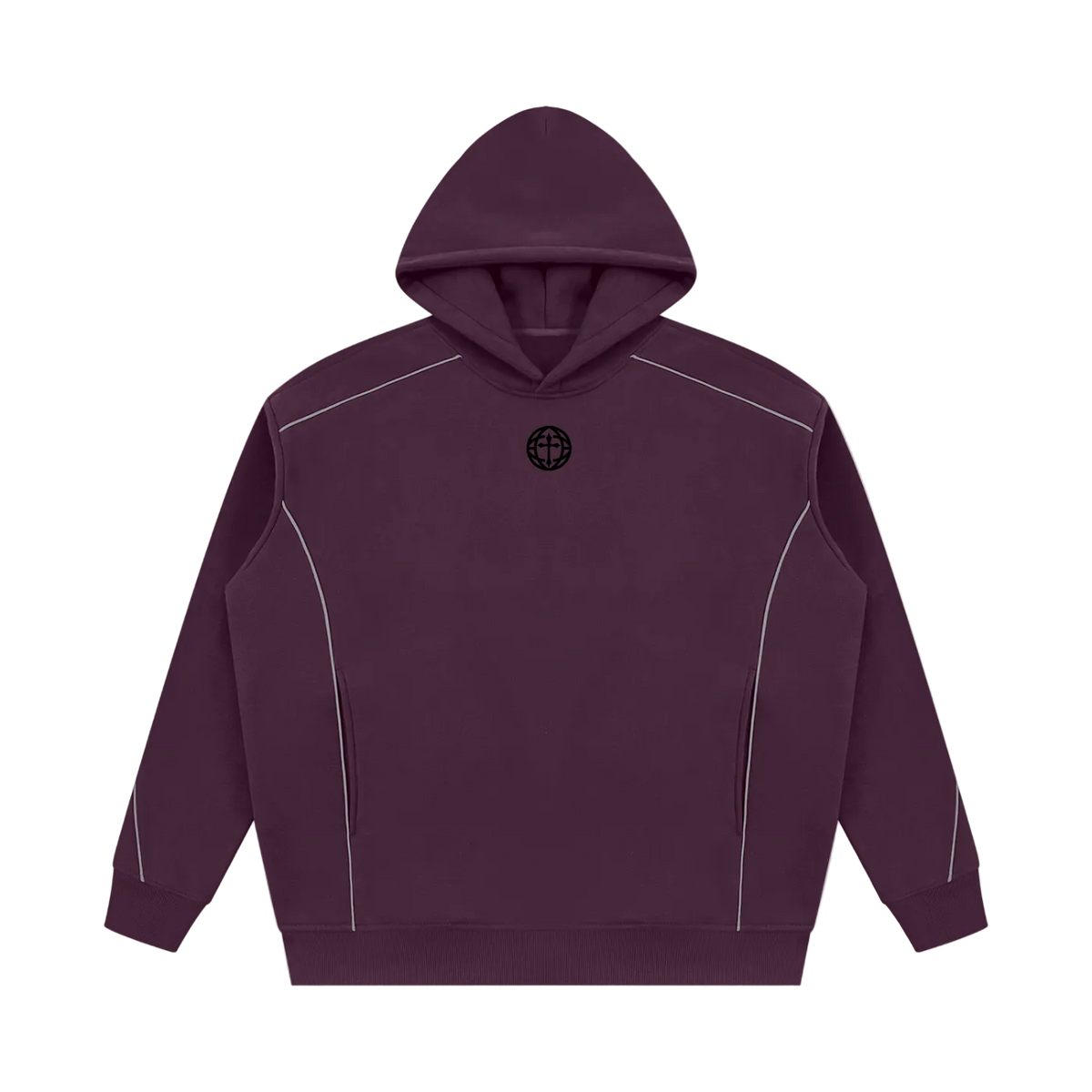 A dark plum purple pullover hoodie with white contrast stitching details and a small black circular logo on the chest, displayed on a solid white background.