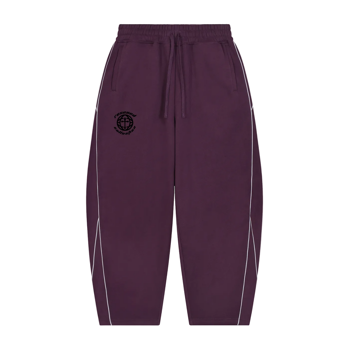 A pair of dark purple jogger-style pants with white piping along the sides and a black circular logo on the left chest, displayed against a solid white background.