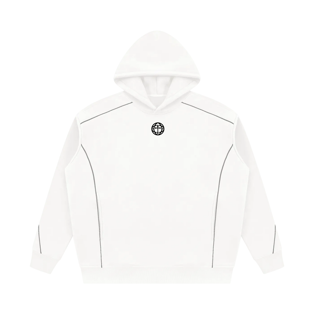 A white pullover hoodie with a small black circular cross logo on the center chest, displayed against a solid white background.