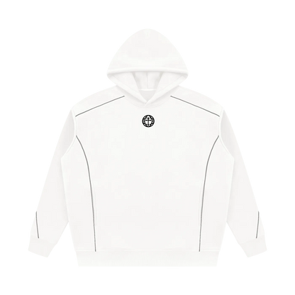 A white pullover hoodie with a small black circular cross logo on the center chest, displayed against a solid white background.
