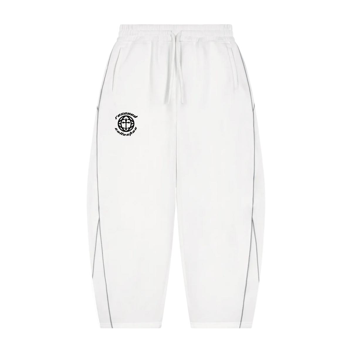 White sweatpants with a black circular logo on the left chest, featuring a drawstring waist and side piping details.