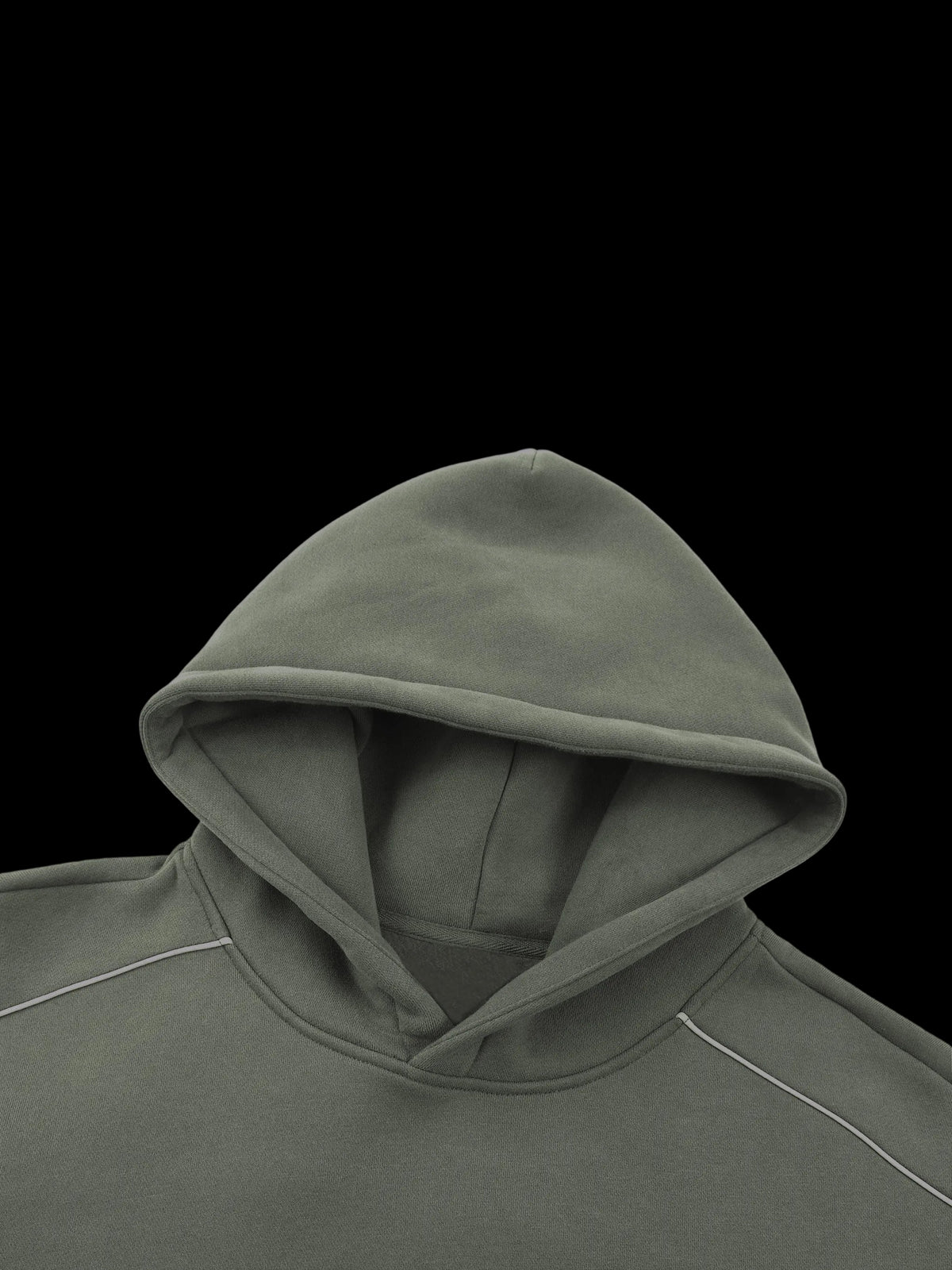 Close-up of a hooded sweatshirt in a muted olive green color, showing the hood and upper chest area with thin white piping details on a plain white background.